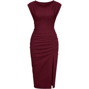 IHOT Women's Wine-red Mock Neck Bodycon Cocktail Party Wedding Guest Midi Dress